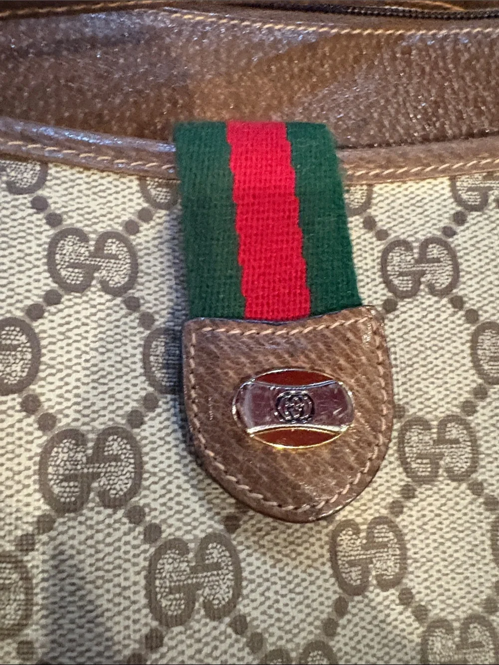 Gucci Beige Monogram Crossbody with Brown Leather and Green-Red Web